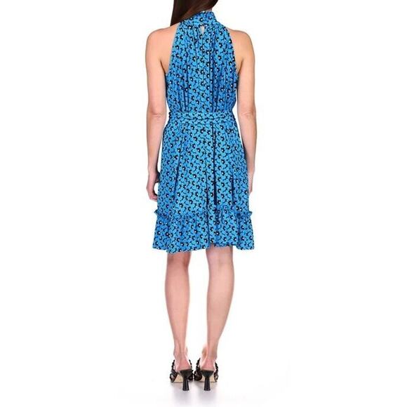 Michael Kors Women Blue Casual Ruffle Mock Neck Fit & Flare Mini Dress Size L - Picture 2 of 4